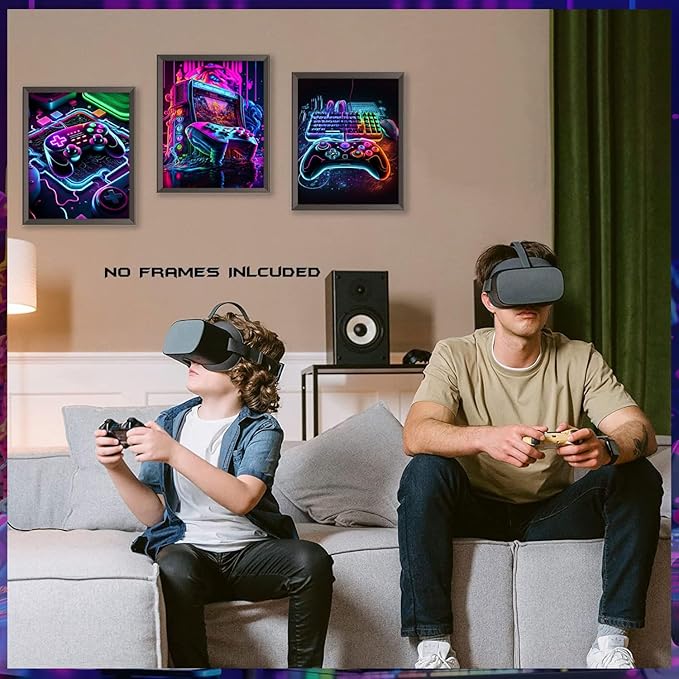 Game Room Decor Posters Set of 3 - Neon Gaming Accessories Theme Canvas Wall Art, Gamer Console Paintings Picture Wall Decor for Children Youth Boys Bedroom 12x16 inch Unframed