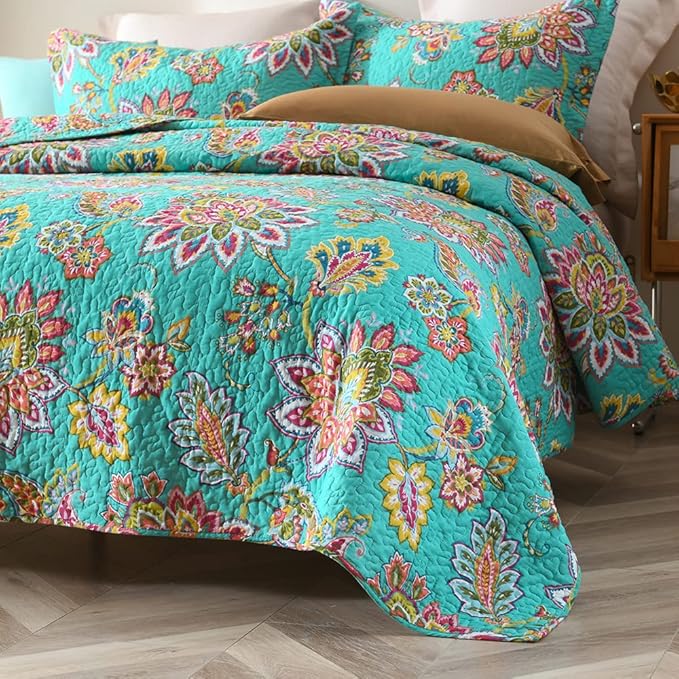 Cotton Bedspread Quilt Sets Reversible Bedding Coverlet Sets Comforter Paisley Floral Bedspread (Green Vintage Floral, King Size)