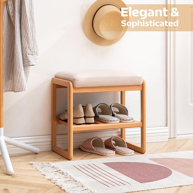 Solid Wood Shoe Bench, Shoe Rack Bench Assembled with Cushion for Entryway, Hallway, Bedroom, Living Room, Beech Wood, 11.8" x 23.6" x 16.5", Natural