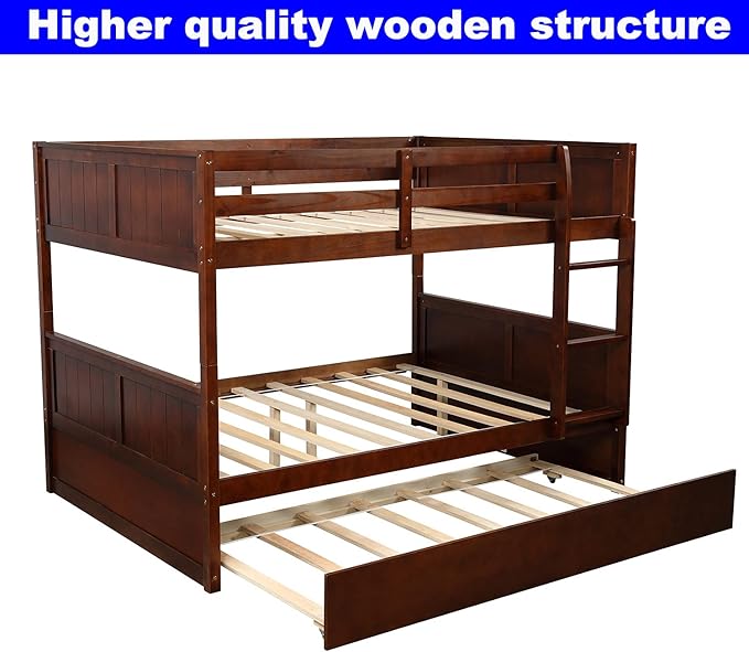 STERXONE Best Thicken Solid Wood Full Over Full Bunk Bed with Trundle, Luxurious Bunk Bed Frame Full Size with Safety Guard Rail and Ladder, Convertible to 2 Beds for Adults, Teens (Walnut)