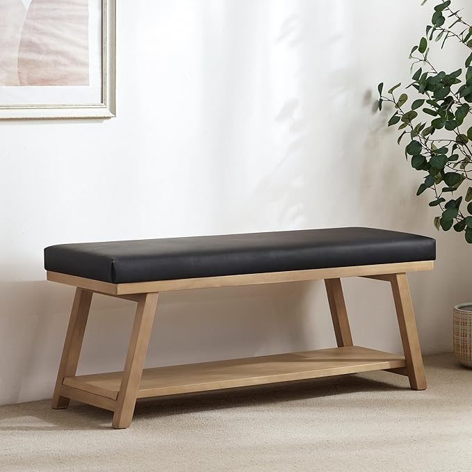 45" Entryway Bench Upholstered Storage Bench for Bedroom Shoe Rack Bench for Living Room, Hallway, Mudroom, Balcony, Sturdy Indoor Bench Seat Holds Up to 300 lbs (PU-Black)