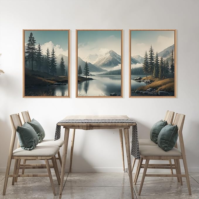 LHIUEM Large Mountain Misty Forest Framed Canvas Wall Art,Nature Ridge Foggy Wall Decor,Snow Lake Woodland Wall Painting,Pine Tree Artwork for Living Room,Bedroom,Dining Room,Office -24"x36"x3