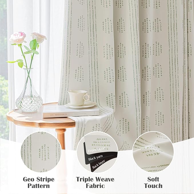 100% Boho Blackout Curtains 72 Inches Long for Bedroom, Green on Beige Patterned Bohemian Curtains for Living Room, Geometric Striped Thermal Insulated Window Drapes Gromment Top 2 Panels