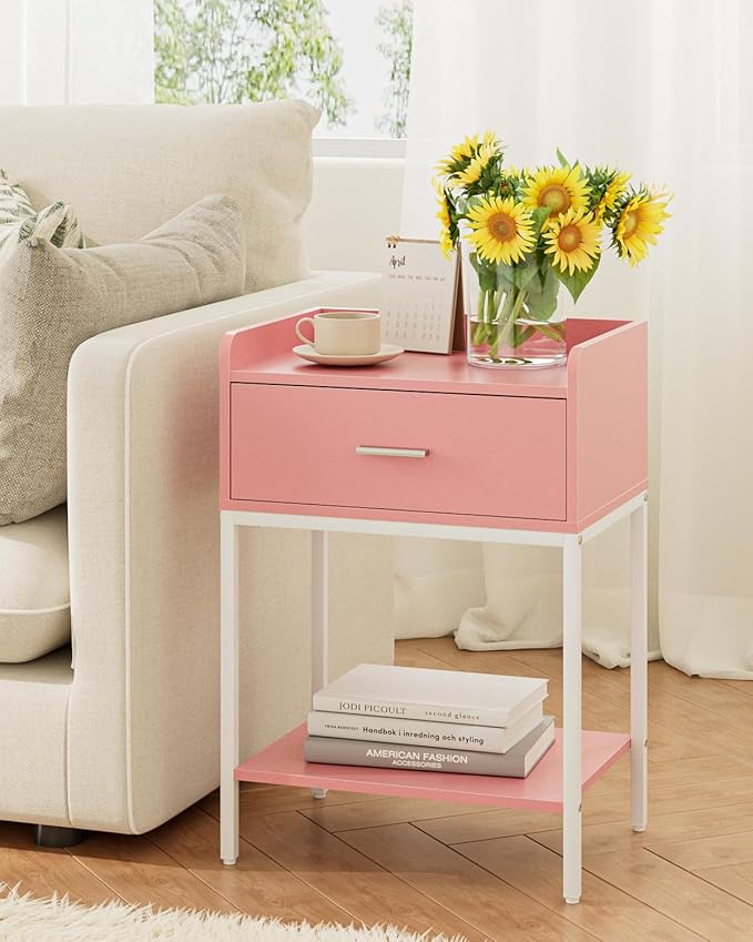 Masupu Nightstand,Bedside Table 3-Tier Modern Night Stand with Storage Drawer and Shelf,Small End Side Table for Bedroom,Living Room,Black (Without Outlet, Pink)