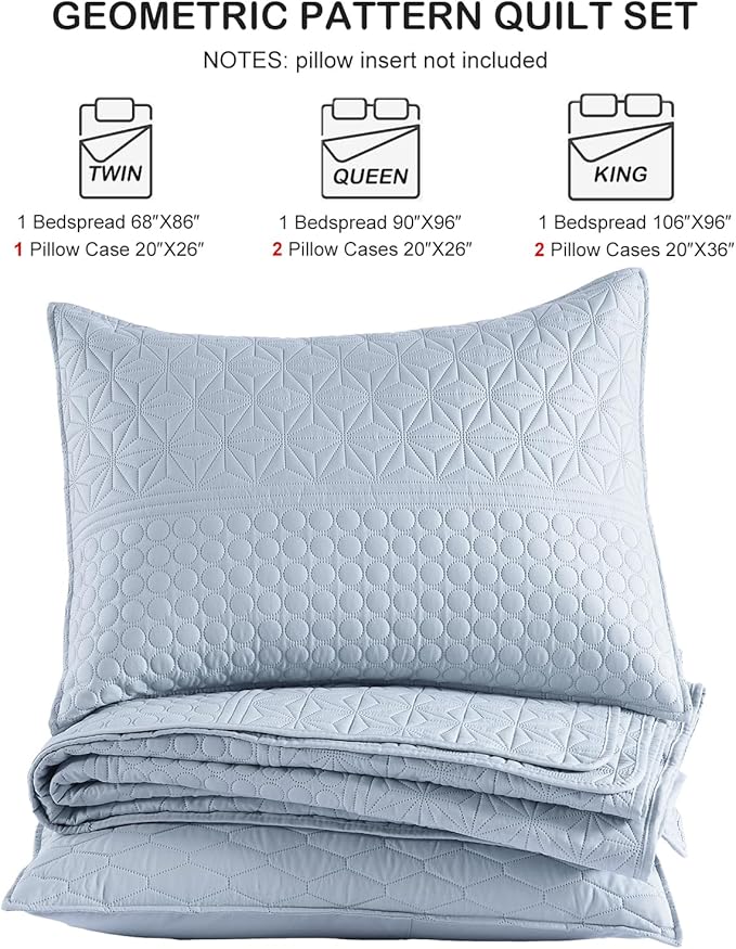 HORIMOTE HOME Light Blue Queen Size Quilt Set - Soft Microfiber Bedspread with 2 Shams, Lightweight & All-Season Geometric Coverlet for Cozy Bedding