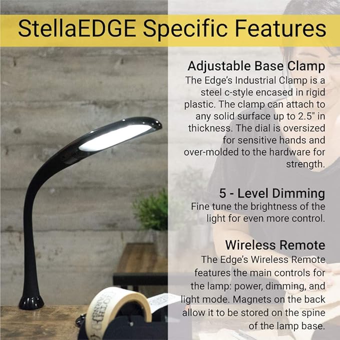 Stella Edge Premium 10W LED Desk Clamp Task Lamp-Black-Adjustable Dimmable Low Vision Natural Table Light - Bright Macular Degeneration Aid Lighting - Hobby, Crafting, Sewing, Artist, Reading, Office