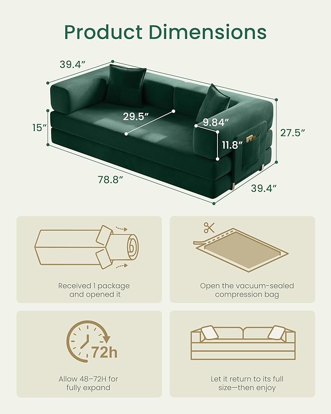 78.8" Convertible Sofa Bed,Corduroy Futon Couch with Storage Pocket,Folding Pull Out Futon Sofa,No Assembly Boneless Couch for Living Room, Emerald Green | Convertible Sofa Bed, Boneless Couch, sofa for living room, sleeper sofa, modular sofa