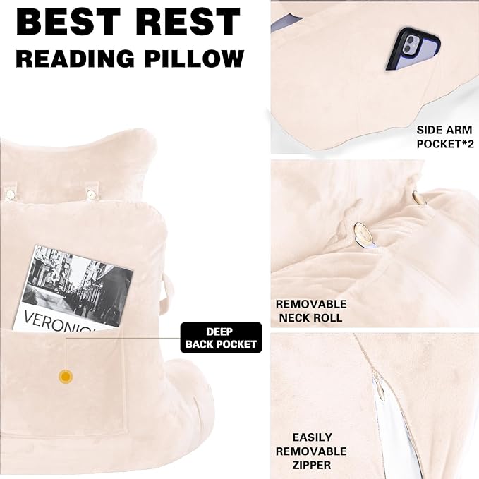 Reading Pillow-Extra Large 31" Bed Rest Pillow with Detachable Neck Roll & Arms for Sitting in Bed or Couch-Backrest Reading Pillow Adult Back Pillows for Reading/Watching TV/Gaming/Relaxing-Beige