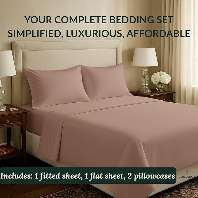 Cloud Scape Linen 100% Egyptian Cotton King Sheets Set – 400 Thread Count, 4-Piece Soft Hotel Quality Bedding Set,Deep Pockets up to 16”, Sepia Rose