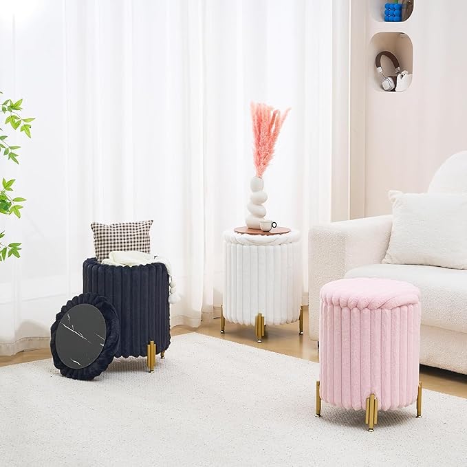 Mxfurhawa Round Ottoman Foot Stool with Storage and Metal Legs for Living Room Bedroom, Velvet Upholstered Footrest Stool Support 300lbs Modern Padded Seat Ottoman Coffee Table (Pink)