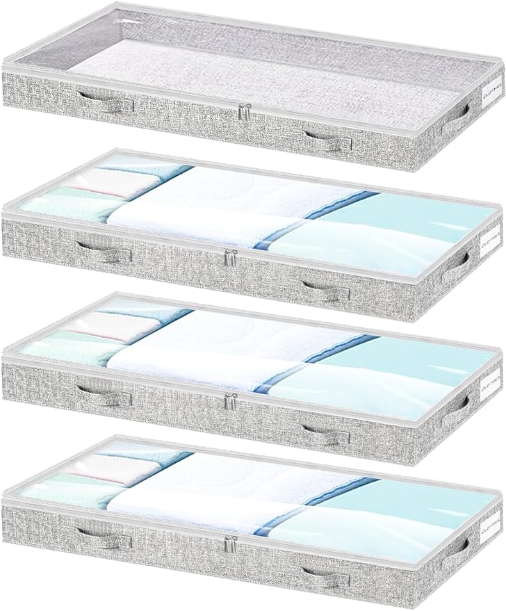 Low Profile Under Bed Storage, 3-Inch High Foldable Underbed Storage Bins with Lid & Zipper, No Structure, Super Slim Clothes Organizer for Crib Dorm Couch Low Bed, 8-Pack, Clear Top