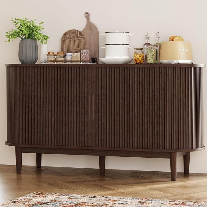 LINSY HOME Sideboard Buffet Cabinet with Storage, 55" Fluted Coffee Bar Cabinet with Tambour Sliding Doors and Drawer, Mid Century Modern Wood Storage Buffet Table for Kitchen, Living Room, Walnut | with Storage, Fluted, Coffee Bar Cabinet, Drawer, Mid...