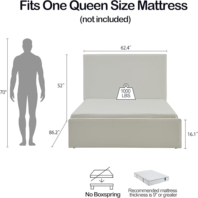 Queen Size Upholstered Bed Frame, 52" High Headboard Wingback Bedframe, Lucas Tall Headboard Floor Platform Beds, No Box Spring Needed No Noise/Minimalist/Coconut Micro Suede, White