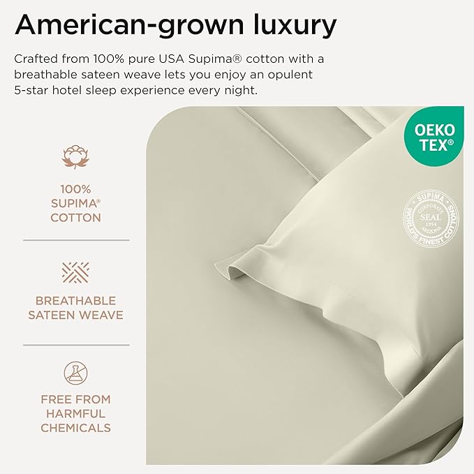 Threadmill 100% Supima Cotton Sheets, Premium 1200 Thread Count Cotton Sheets for King Size Bed, 4 Pc Ivory King Bed Sheets Set, 5-Star Hotel Quality with Elasticized Deep Pocket King Sheet