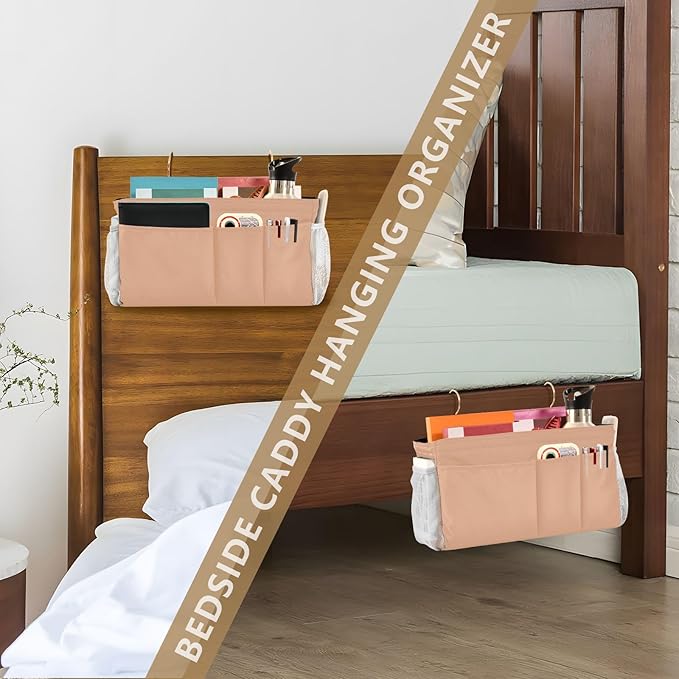 KOPIRIT Peach Orange Bedside Caddy Storage Bag Bedside Organizer for Headboards Bunk Beds Hanging Storage Organizer 6 Pockets with Hooks for Magazine Water Bottle Holder