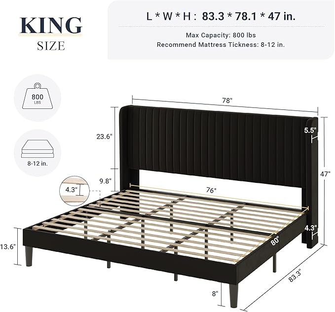 Allewie King Size Velvet Bed Frame/Vertical Channel Tufted Wingback Headboard/Upholstered Platform Bed/Strong Wooden Slats/No Box Spring Needed/Easy Assembly/Black