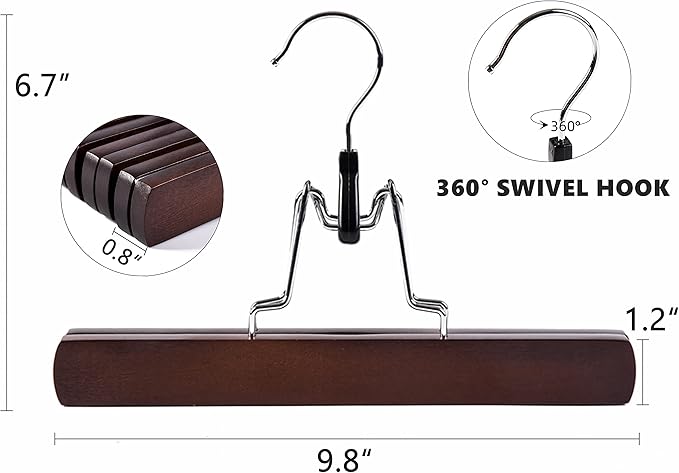 Amber Home Wooden Pants Clip Hangers 10 Pack, Skirt Hangers with Non Slip Padded Velvet, Smooth Finish Solid Wood Jeans/Slack Hanger，Clamp Hangers in Antique Color
