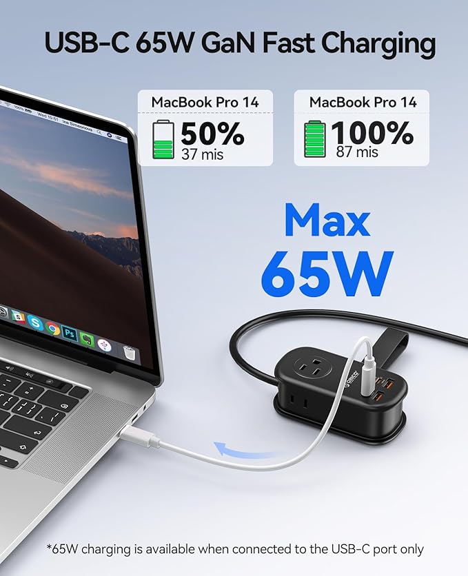 ORICO 65W GaN Travel Power Strip with 7-in-1 Charging Ports (3 AC Outlets/2 USB-A/2 USB-C), Flat Plug and 4FT Extension Cord, Fast Charger for MacBook Pro/Air, iPad Pro, iPhone 17/16/15 -AP3