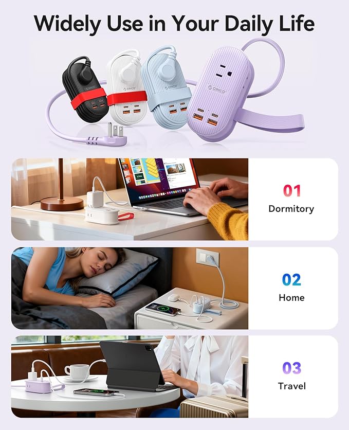 ORICO 65W USB Travel Power Strip, 7 in 1 Charging Station with 3AC, 2 USB-A, 2 USB-C, Flat Plug and 4ft Thin Extension Cord, Fast Charger for MacBook, iPad, iPhone 17/16/15 - TK65