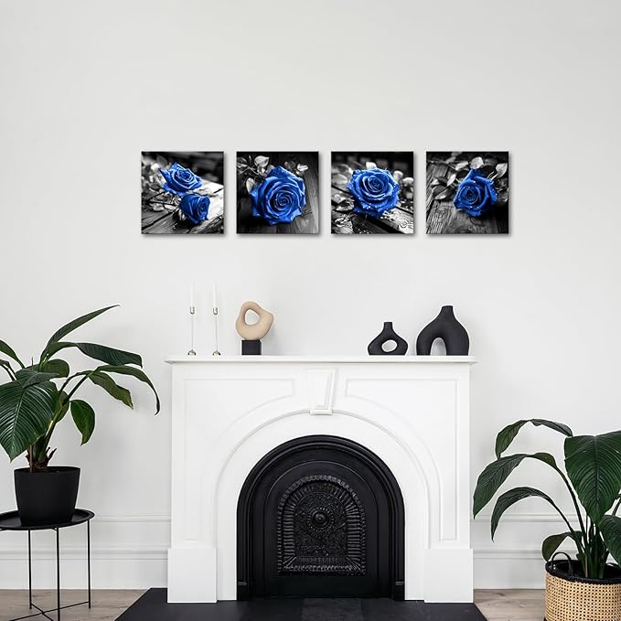 VANSEEING 4 Pieces Blue and Black Rose Flower Canvas Wall Art Floral Pictures Prints Modern Romantic Artwork Wall Decor for Valentine's Day Living Room Bedroom 12x12inchx4Pcs