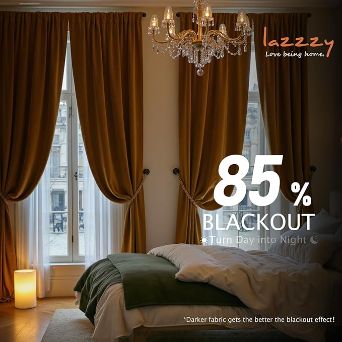 Lazzzy Velvet Blackout Curtains Thermal Insulated Room Window Drapes Super Soft Luxury Curtains for Living Room Bedroom Rod Pocket 2 Panels, Gold Brown, 62" W x 90" L