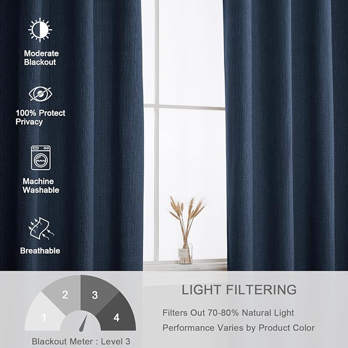Jacquard Linen Curtains 96 inch Length 2 Panels Thick Faux Linen Blended Window Drapes Burlap Textured Curtains with Grommet for Living Room Bedroom Farmhouse (52x96 Navy) Natural