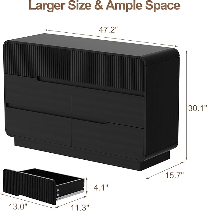 6 Drawer Dresser and 2 Nightstand Sets for Bedroom 3 Pcs Bedroom Set, Modern 47.2" Fluted Dresser with Invisible Handles Nightstand Charging Station, Bedroom Furniture Set for Living Room, Black