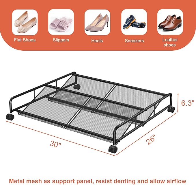Under Bed Shoe Storage Organizer, Metal Mesh Under Bed Storage Containers with Wheels, Shoe Organizer Drawer Space Saving for Bedroom, 1 Pack