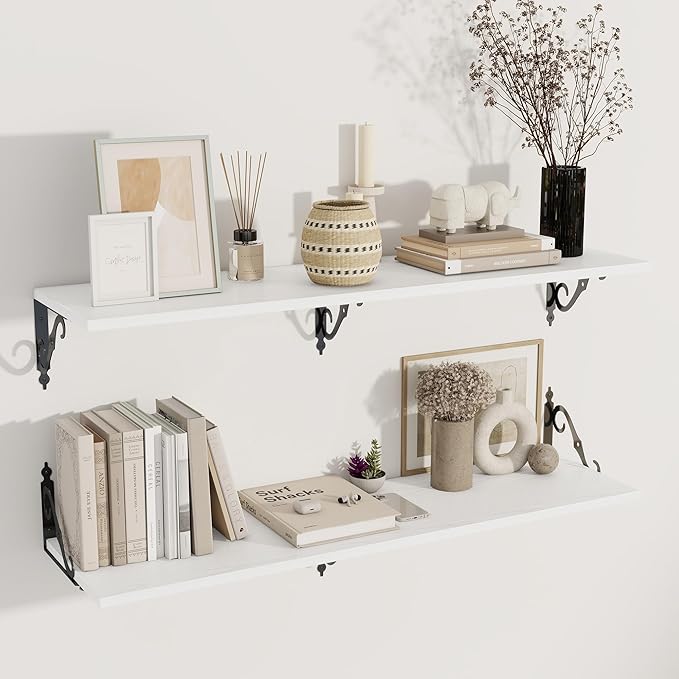 Dreamland Deep Floating Shelves, 48" W x 12" D Wall Shelves Set of 2, Wide Display Shelf Wall Mounted with Brackets, Bookshelf for Living Room, Bathroom, Bedroom, White