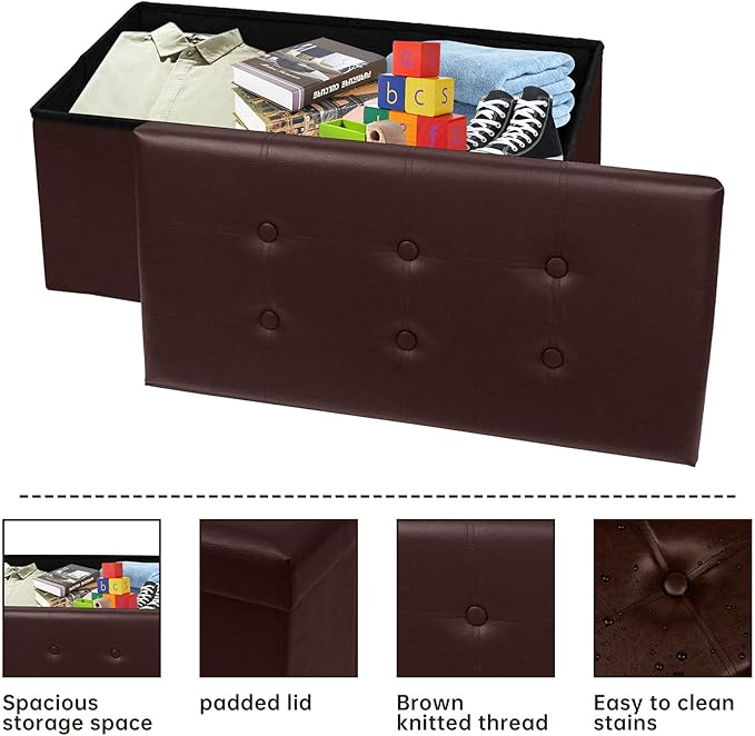 xupersodys 30 Inches Folding Storage Ottoman Bench, Faux Leather Footstool Ottoman, Storage Trunk Footrest for Bedroom, Living Room and Hallway, Support 350lbs, Brown(Brown line)