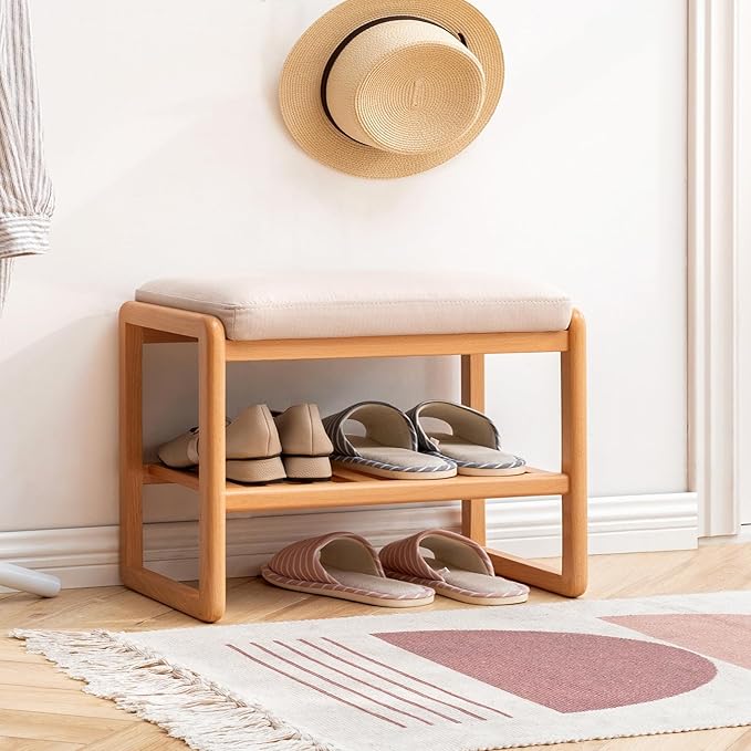 Wood Shoe Bench,2-Tier Storage Bench with Cushion Padded Seat,Entryway Bench with Shoe Storage, Small Bench for Entryway,Living Room