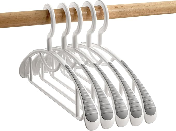 10 Pack Non-Slip Hangers, Heavy Duty, Durable, No Shoulder Bump Wide Plastic Hanger with Rubber and Horizontal Bar for Closet, Coats, Pants, Shirts, White (10 Pack 16.3 inch)