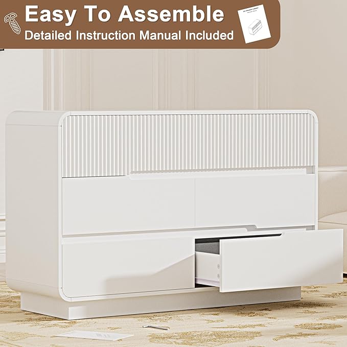 6 Drawer Dresser and 2 Nightstand Sets for Bedroom 3 Pcs Bedroom Set, Modern 47.2" Fluted Dresser with Invisible Handles Nightstand Charging Station, Bedroom Furniture Set for Living Room, White