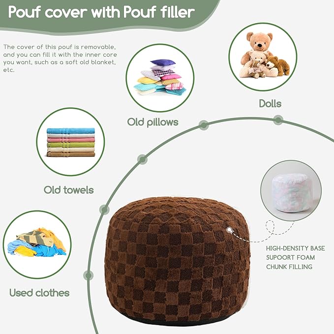 HIGOGOGO Round Stuffed Pouf Ottoman, Plaid Poufs with Foam Chunk Filling, Fluffy and Furry Pouf Foot Stool Storage Ottoman, 20 X 15 Floor Poufs Foot Rest for Living Room, Coffee
