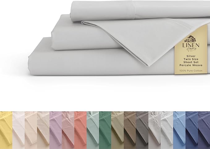 Linen Home 100% Cotton Percale Sheets Twin Size, Silver, Deep Pocket, 3 Pieces Set - 1 Flat, 1 Deep Pocket Fitted Sheet and 1 Pillowcase, Crisp Cool and Strong Bed Linen