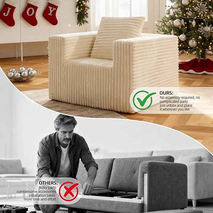 Single Cloud Sofa, Giant Bean Bag Chair with High Backrest & Wider Armrest, Foam Boneless Couch for Small Spaces, Comfy Furry Sofas with Pillows for Living Room, Bedroom, Apartment, Dorm, Office