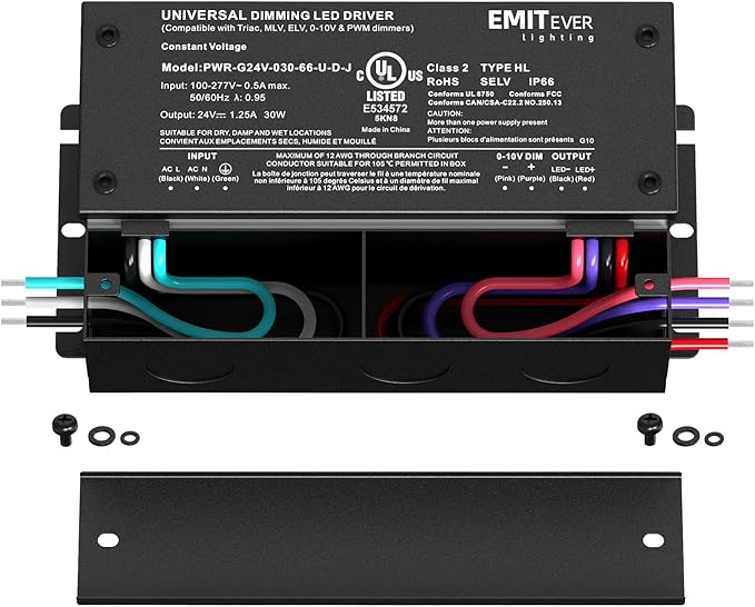 EMITEVER 30W Dimmable LED Driver, 24V Triac Dimmable Power Supply, AC to DC Transformer for LED Light, Compatible with Lutron and Leviton Dimmer, Waterproof IP67 and UL Listed, Class 2