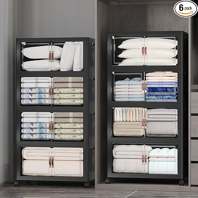 Extra Large Stackable Storage Bins with Lids & Wheels & Door, 1280QT-160QT/40GAL*8Pack Foldable Collapsible Closet Organizers, Plastic containers drawers for bedroom Dorm