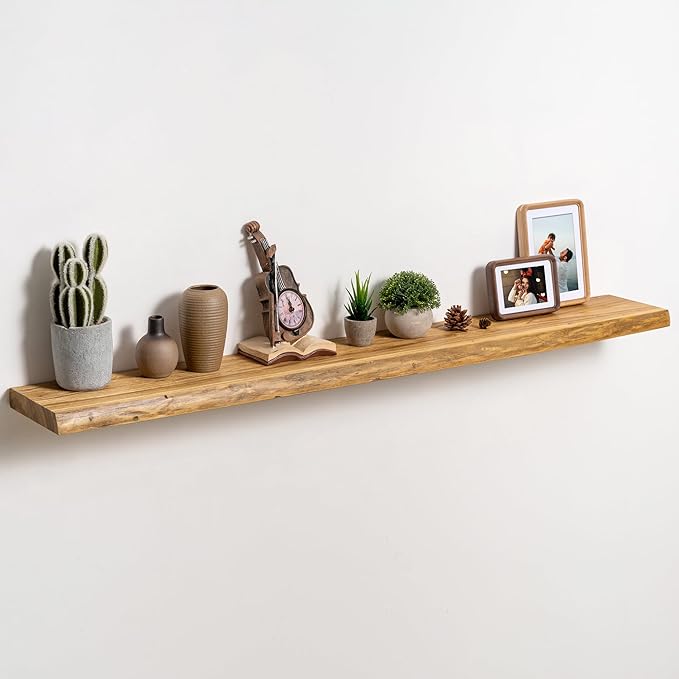 fuqing Live Edge Floating Shelves for Wall 55 inch, 8 Inch Deep Solid Elm Wood Floating Wall Shelves - Rustic Wooden Shelves with Invisible Brackets for Living Room Bedroom Kitchen, 1 Pack, Natural
