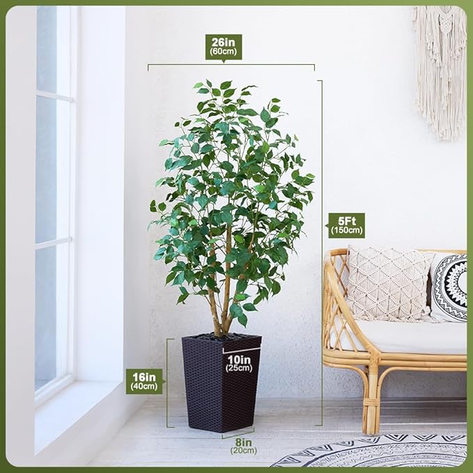 5ft Artificial Ficus Tree,Tall Faux Tree with Silk Leaves & Real Wood Trunk,UV Resistant Potted Fake Plant with Pebbles & Planter,Indoor Outdoor Floor Plant for Home,Living Room,VN129
