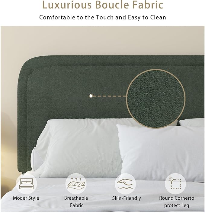 BarnFurin Twin Size Bed Frame, Boucle Upholstered Platform Bed Frame with Headboard, Modern Style, Soft Rounded Corners, No Box Spring Required, Easy Assembly, Green