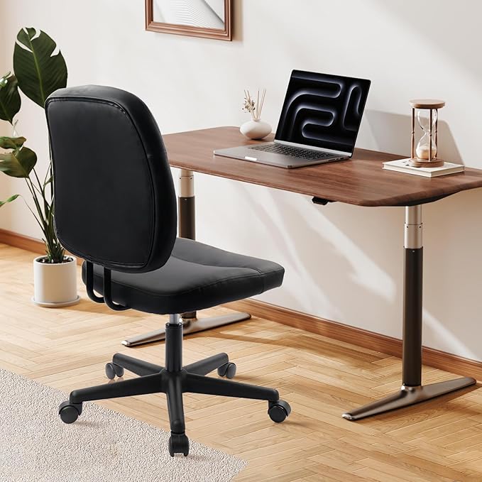 CLATINA Armless Home Office Chair, Small PU Leather Ergonomic Low Back Desk Chair with Lumbar Support and Wheels, Adjustable Height 360° Swivel Rolling Computer Task Chair, Black, 2 Pack