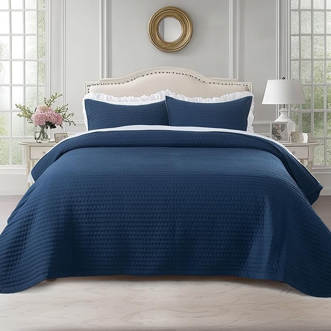 KASENTEX King XL Quilt Set 108"x98" – Soft Washed 3-Layer Lightweight Bedspread, Minimalist Nordic Design, All-Season Spring & Summer Quilt Set (1 Quilt + 2 Pillow Shams),Dress Dark Blue