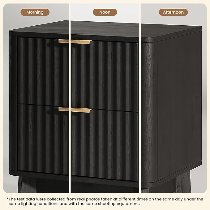 Fluted Nightstand Set of 2, Modern End Table with Metal Handle,2 Storage Drawers Side Table,Bedside Table for Bedroom,Wood Nightstands,Curved Profile Design Furnitue, Black