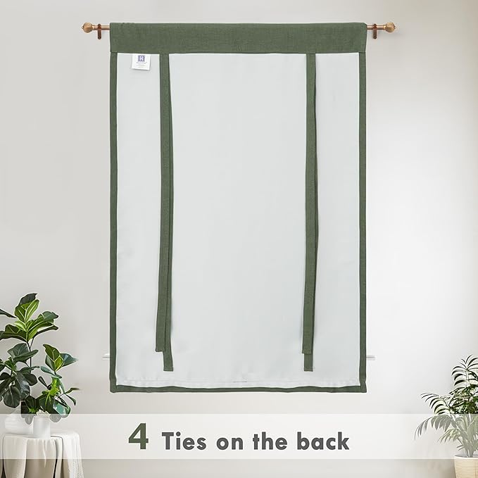 DriftAway Double Layer Linen Blackout Tie Up Curtains Thermal Insulated Fully Lined Balloon Roman Shade Bathroom Window Adjustable Rod Pocket for Small Window 39 Inch by 55 Inch Olive Green