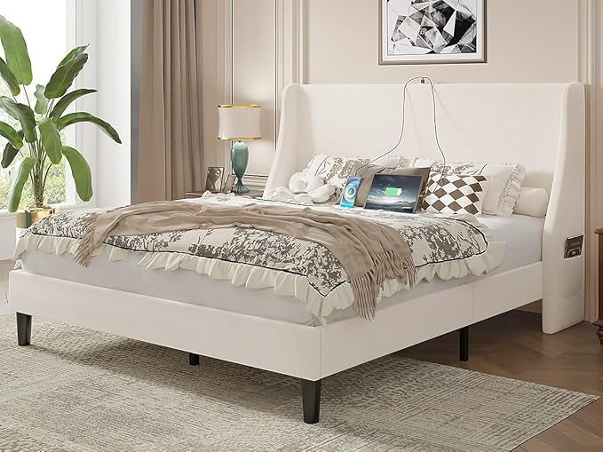 VECELO Full Bed Frame with Upholstered Wingback Headboard, Heavy-Duty Platform Bedframe with Charging Station, Wooden Slats, No Box Spring Needed, Beige