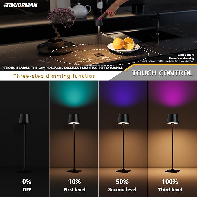 Modern LED Color-Changing Cordless Table lamp, 7 Colors, metal Shade, Touch control with sleep mode for Restaurant, Bedroom, Outdoor Camping, Coffee Shop, Night Light, Rechargeable (Black 1pack)