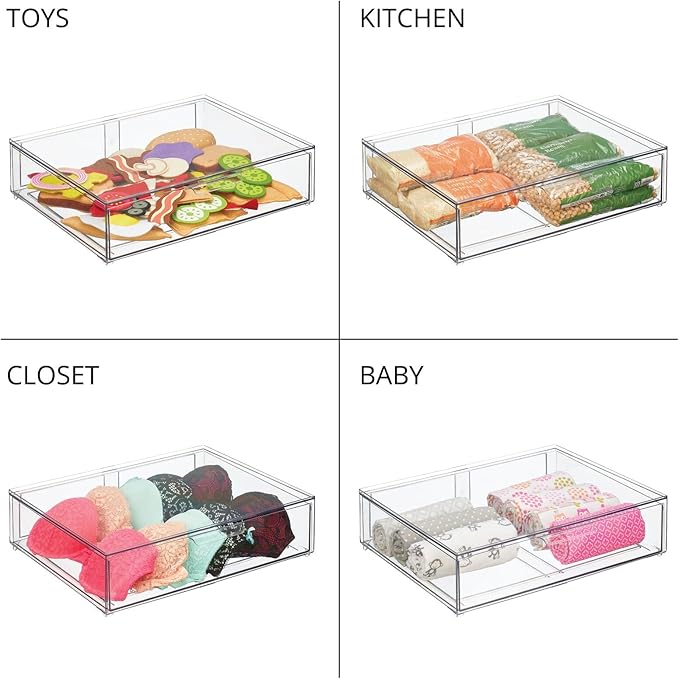 mDesign Wide Plastic Stackable Bathroom Storage Organizer Bin with Pull Out Drawer for Cabinet, Vanity, Shelf, Cupboard, Cabinet, Countertop, Closet Organization - Lumiere Collection - 2 Pack - Clear