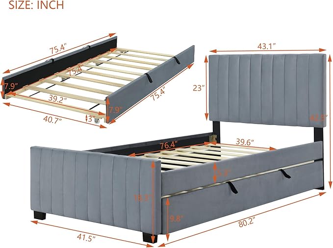Twin Bed Frame with Trundle Bed,Velvet Upholstered Bed Frame,Twin Size Trundle Bed with Headboard,Upholstered Platform Bed Twin for Kids Teens Adults(Gray)