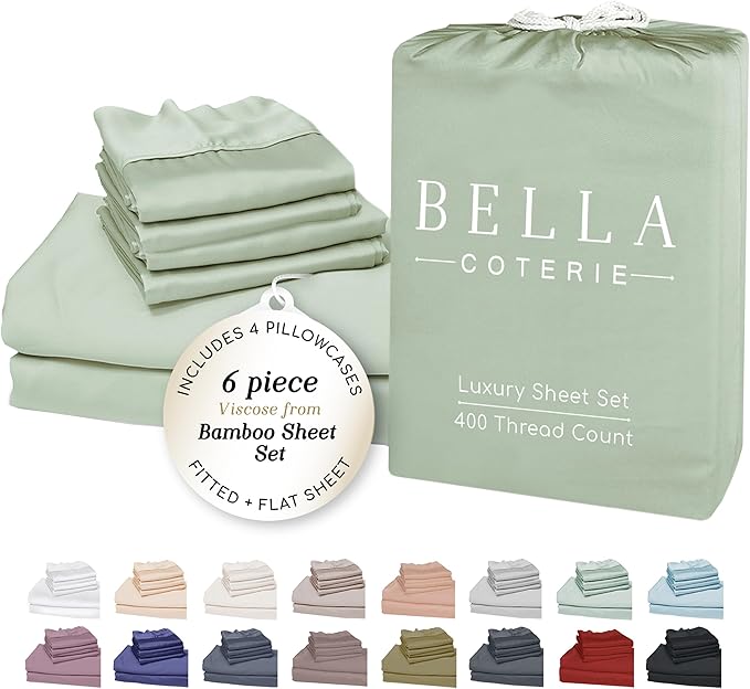 Bella Coterie 6 Piece Luxury Bamboo Viscose Split Top King Size Sheet Set | 34" Split for Adjustable Beds | 100% Organically Grown| Cooling | 18” Deep Pocket | 4 Pillowcases [Sea Glass]